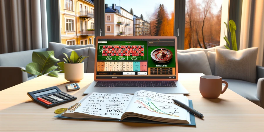 Illustration av sannolikhet och odds i online casino med roulettehjul, trning och slotssymboler
