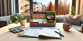 Illustration av sannolikhet och odds i online casino med roulettehjul, trning och slotssymboler